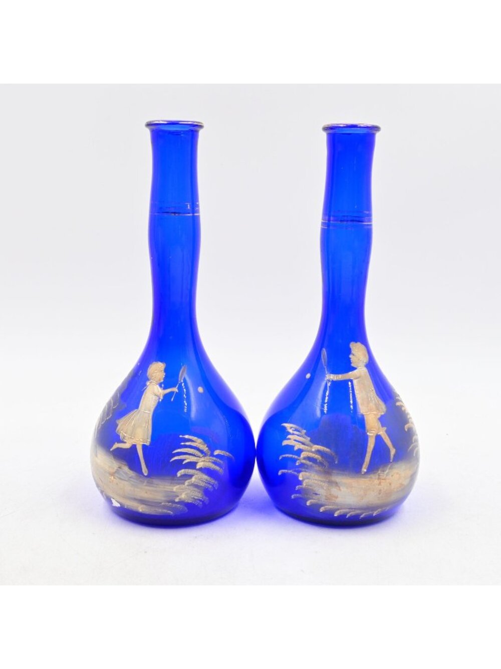 Mary Gregory Cobalt Blue Barber Bottles Pair Antique Glass Boy Girl Tennis Set